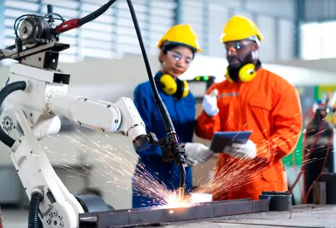 dos trabajadores industriales trabajando duro